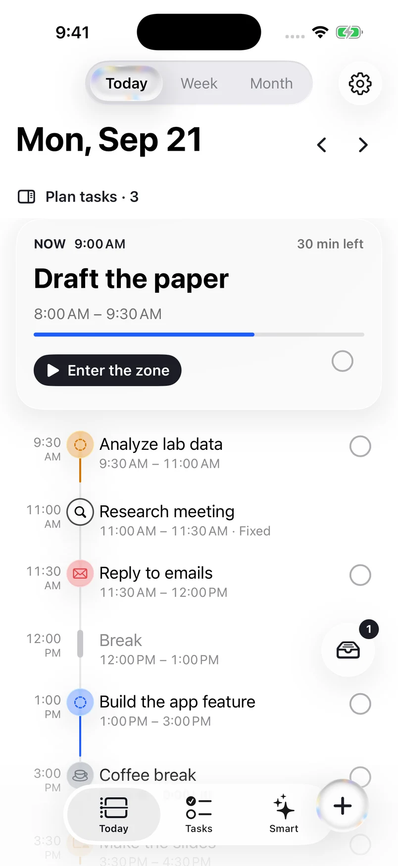 Doendar Today: the current plan shown large, with the day's timeline below.