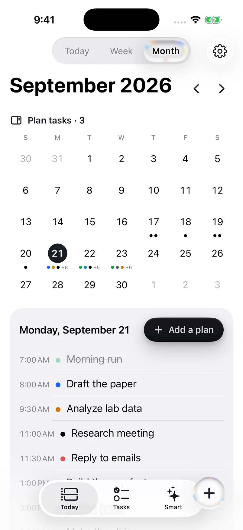 Doendar Month: coloured dots on days with plans, and the chosen day's plans.
