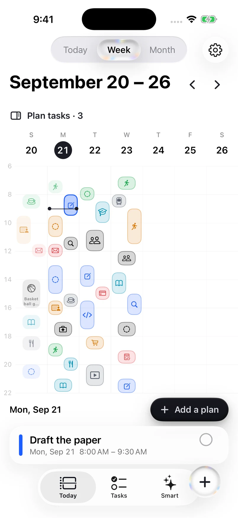 Doendar Week: the week's plans on a time axis.